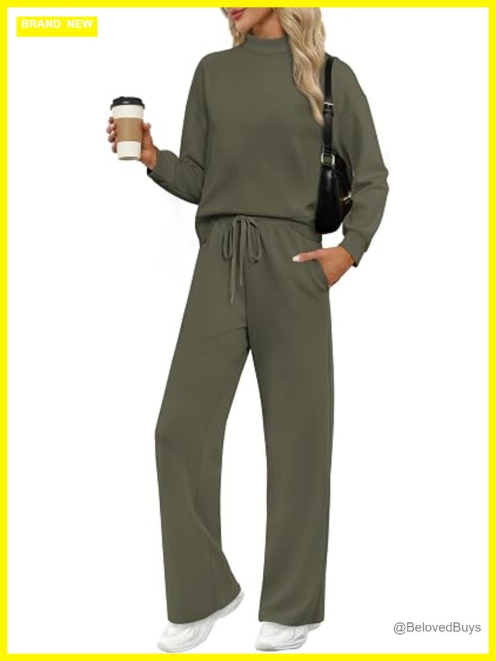 Mock Neck Two Piece Lounge Set Long Sleeve Top Wide Leg Pants Travel Outfit